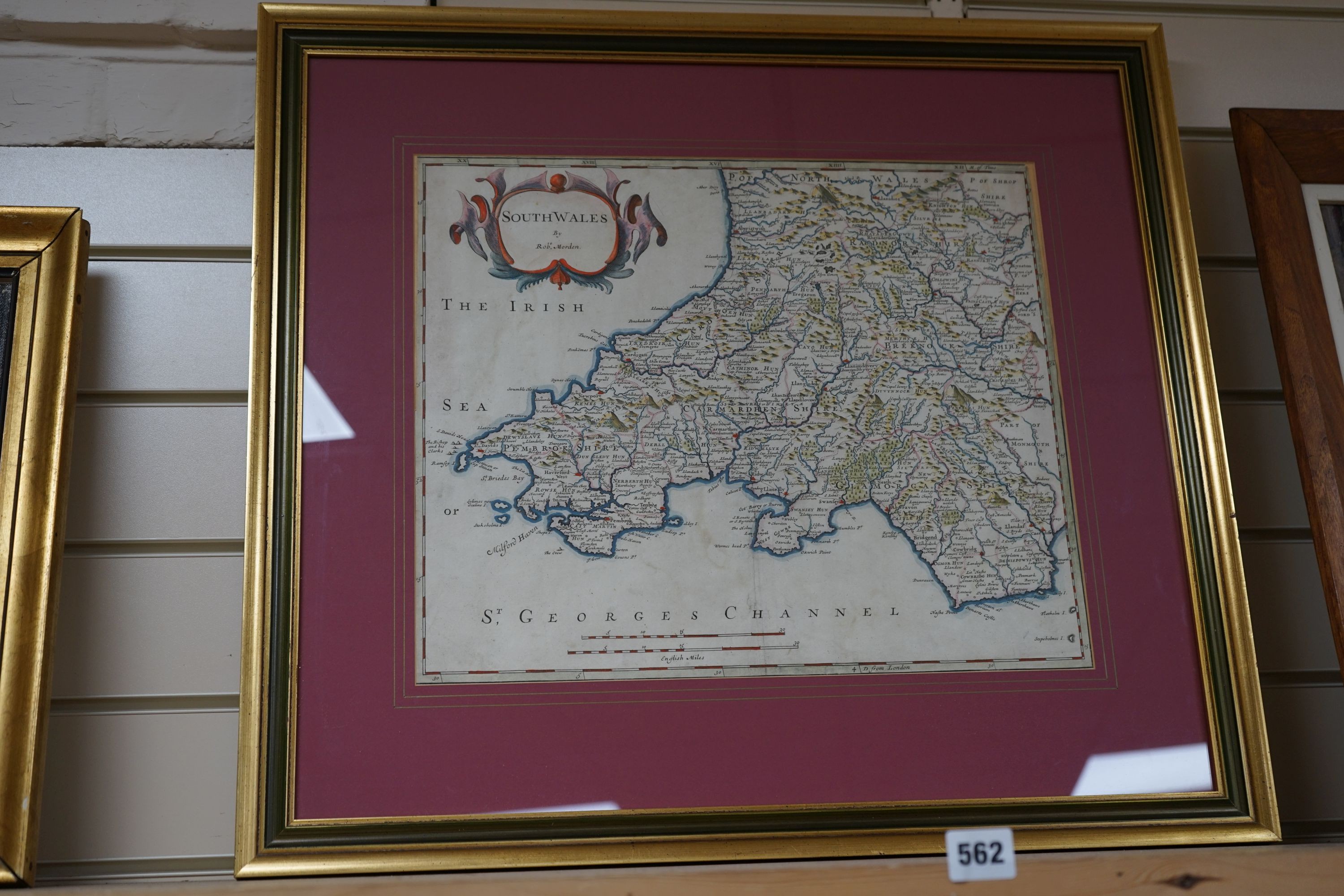 Robert Morden, coloured engraving, Map of South Wales, 36 x 43cm